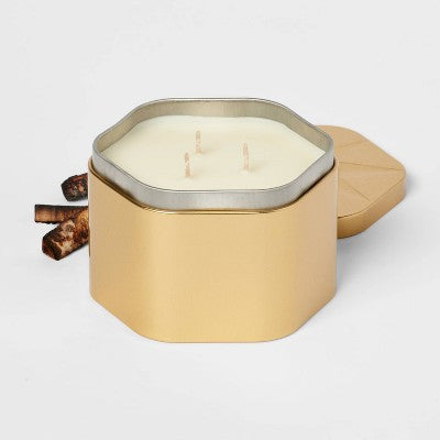 3 Wick Lidded Metal Tin Candle Fireside Glow 18oz Gold - Threshold