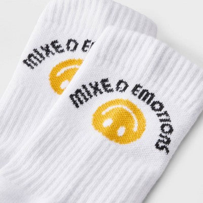 Women's "Mixed Emotions" Smiley Face Cushioned Ribbed 2pk Mid Crew Socks - White/Black/Yellow 4-10