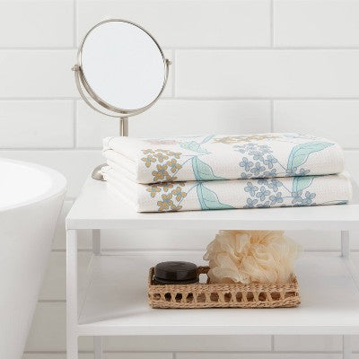 2pc Quick Dry Floral Border Waffle Oversize Bath Towel White - Room Essentials