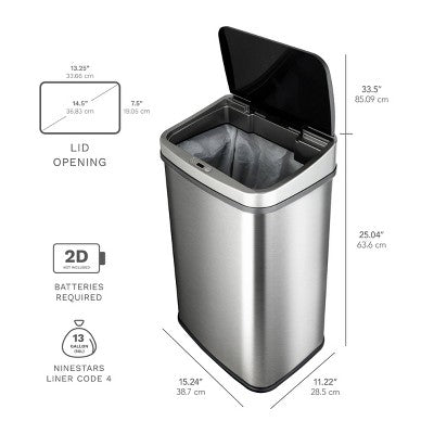 Nine Stars 13gal Motion Sensor Rectangular Shape Stainless Steel Trash Can Brushed Silver (LOCAL PICKUP ONLY)