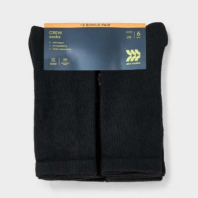 Men's Striped Surge Mesh Crew Socks 8pk - All In Motion Black 6-12: Cushioned Heel Toe, Midweight Knit