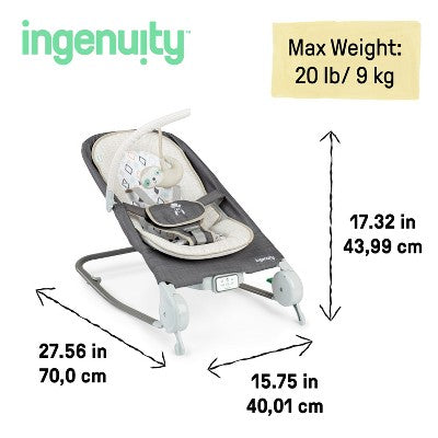 Ingenuity 2-in-1 Happy Belly Rock To Bounce Massage Baby Seat -Parker: Detachable Toy Bar, Calming Vibrations, 5-Point Harness (LOCAL PICKUP ONLY)