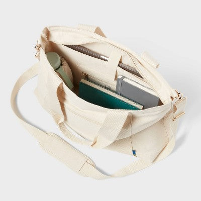 Solid Canvas School Tote Bag - Open Story Handbag with Padded Laptop Compartment