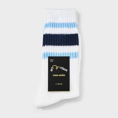 Girls' 2pk Striped Crew Socks - art class Blue M