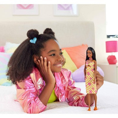 Barbie 12.7" Fashionista Pink and Orange Check Dress Doll Black Hair/Brown Eyes