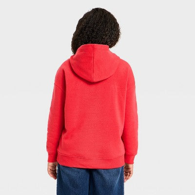 Girls' Plaid Heart Oversized Hooded Fleece Sweatshirt - Red XL
