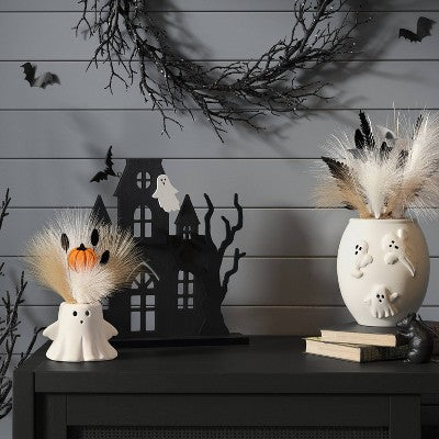 8" Grim Greenery Plastic Ghost Halloween Artificial Pot Planter with Gray Plant - Hyde and EEK! Boutique