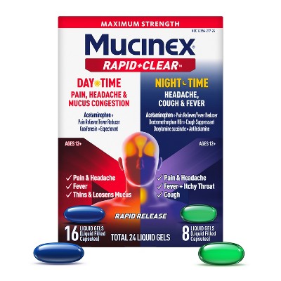 Mucinex Rapid Clear Pain Headache Mucus Congestion Daytime & Nightime Liquid Gels - 24ct