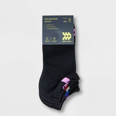 Women's 6pk Structure No Show Socks - All In Motion Black 4-10: Midweight Knit, Arch Support, Reinforced Heel & Toe