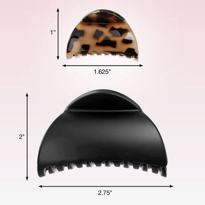 scunci Crescent Shaped Mixed Size Claw Clips - Matte Black/Tortoise - All Hair - 2pcs