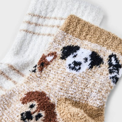 Women's Dogs 2pk Cozy Quarter Crew Socks - Tan/Ivory 4-10: Midweight Velour Ribbed Fabric, Animal Pattern, Machine Washable