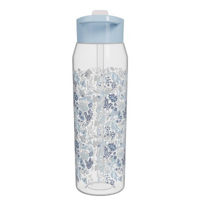 Zak Designs 32oz Frost Floral Manual Straw Bottle Blue