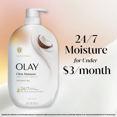 Olay Ultra Moisture Coconut Oil, Vitamin B3 and Hyaluronic Blend Body Wash - 35 fl oz: For Dry and Sensitive Skin, Liquid Formula, Whole Body Use