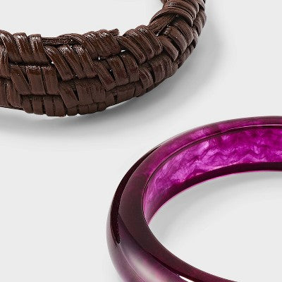 Woven Rattan and Marbleized Bangle Bracelet Set 2ct - A New Day Brown/Purple