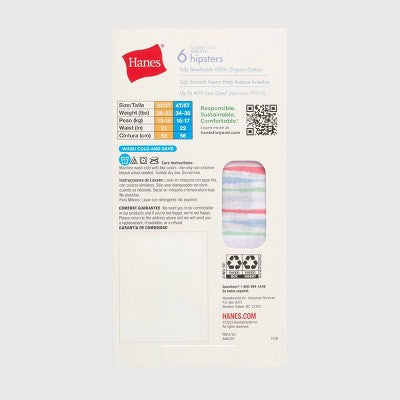 Hanes Toddler Girls' 6pk Organic Cotton Hipster Underwear - 4T: Mid Rise Knit Panties, Full Waistband Elastic, Machine Washable