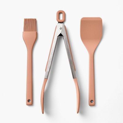 3pc Silicone Mini Turner Basting Brush and Tongs Set Terracotta Orange - Figmint