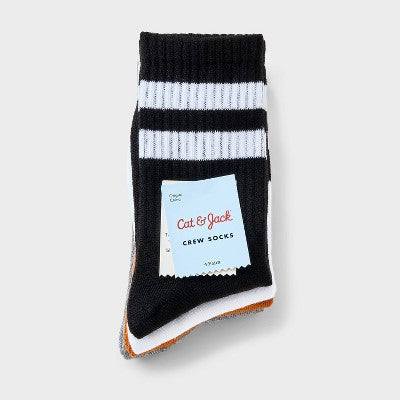 Boys' 4pk Striped Crew Socks - Cat & Jack Neutral M: Midweight Knit, Rib Cuffs, Multicolor Stripes