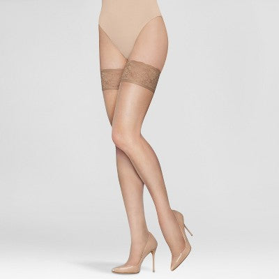 Hanes Premium Women's Sheer Thigh Highs - Nude XL: Elastic Leg Opening, Reinforced Toe, Leg Support