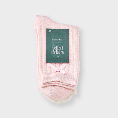 Women's Pointelle with Bow & Striped 2pk Mid Crew Socks - Wild Fable Pink/Ivory/Brown 4-10