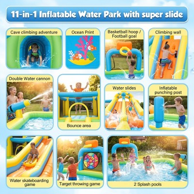 BATHWA 18x15.8Ft 22-in-1 Jellyfish Ocean Inflatable Water Park for Kids Backyard w/Dual Slides|10 Foot PVC Slip Water Slide|2 Bodyboards|750W Blower (LOCAL PICKUP ONLY)