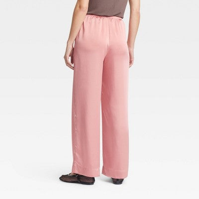 Women's Mid-Rise Straight Leg Satin Pull-On Pants - A New Day Pink M