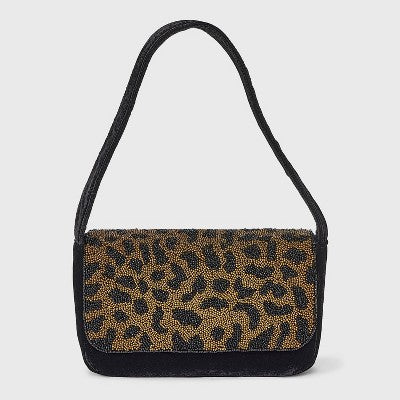 Embellished Leopard Print Flap Shoulder Bag - A New Day Black/Brown