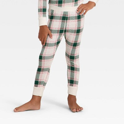 Toddler Plaid RibbedShirt and Pants Holiday Pajama Set - Cream 3T