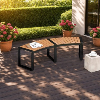 2-Person Curved Acacia Wood Outdoor Garden Bench with Slatted Seat and Metal Legs, 800 lbs Capacity (LOCAL PICKUP ONLY)