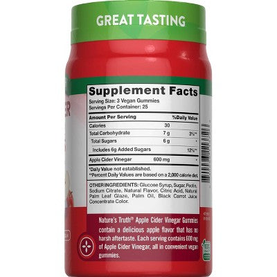 Nature's Truth Apple Cider Vinegar 600mg Vegan Gummies - Apple - 75ct
