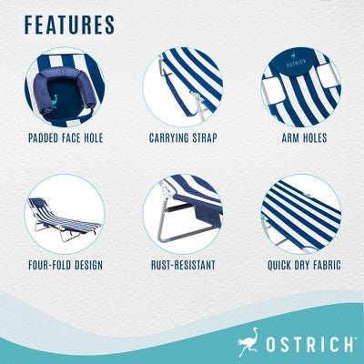 Ostrich 72" x 22" Chaise Lounge Portable Reclining Lounger, Outdoor Patio Beach Lawn Camping Pool Tanning Chair, Blue Stripe (LOCAL PICKUP ONLY)