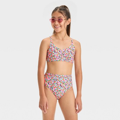 Girls' Floral Printed Bikini Swim Top - art class Black L