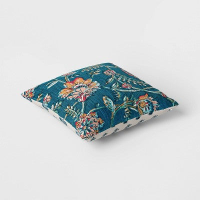 Square Floral Reversible Throw Pillow with Block Print Teal - Threshold