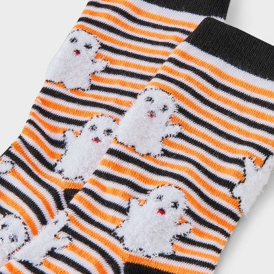 Women's Striped Fuzzy Ghost Halloween Crew Socks - Hyde and EEK! Boutique Black/White/Orange 4 -10