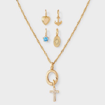 14K Gold Dipped Cubic Zirconia Cross Pendant Charm Necklace Set 5pc - A New Day Gold