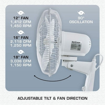 Hurricane 16" Supreme Oscillating Wall Mount Fan, Quiet Corded Electric Air Cooling Unit with Pull Cords for Home, Greenhouse, Garage, Workshop & Gym
