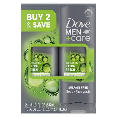 Dove Men+Care Extra Fresh Sulfate-Free Refreshing Body and Face Wash - 18 fl oz/2ct: Vegan, Gel Form, Normal to Mature Skin, Hydrating