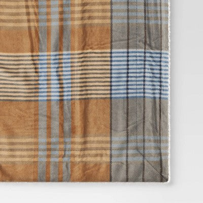 Plaid Printed Plush Throw Blanket with Faux Shearling Reverse - Threshold