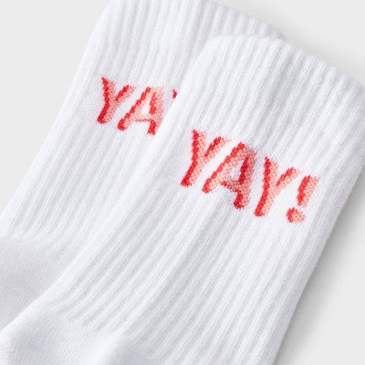 Women's "YAY!" Cushioned Ribbed 2pk Mid Crew Socks - White/Pink 4-10