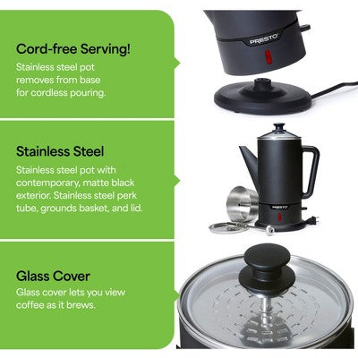 Presto 02815 Cordless Coffee Maker Stainless Steel Percolator, Easy Pour, Black