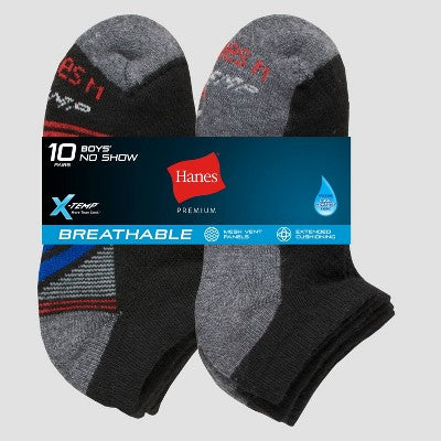 Hanes Boys' 10pk Premium No Show Socks - Black M: Cushioned Heel, Ventilating Mesh, Moisture Wicking