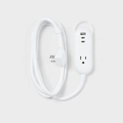 6' One-Outlet Indoor Extension Cord with USB & USB-C Ports White - heyday: Flat Plug, 14 AWG, 15A, 6ft