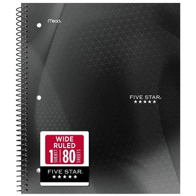 Five Star 8"x10.5" Active Wide Ruled Notebook 80 Pages Black