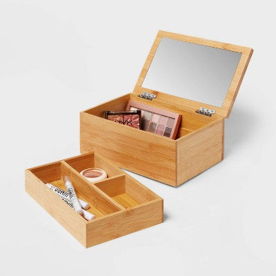 9" x 6" Rectangular Countertop Organizer with Mirror - Brightroom: Bamboo Bathroom Tray & Jewelry Storage
