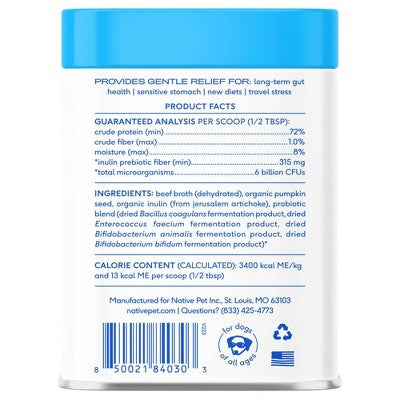 Native Pet Probiotic Powder for Dogs - Prebiotic Fiber & Bone Broth, Gut Health - 4.1 oz: Adult Pet Digestive Health