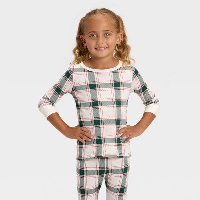 Toddler Plaid RibbedShirt and Pants Holiday Pajama Set - Cream 3T