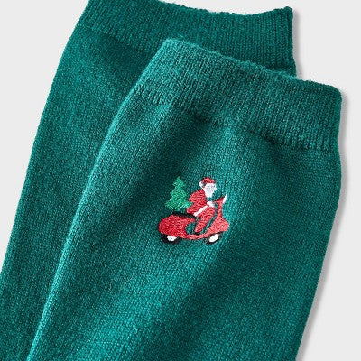 Women's Supersoft Embroidered Holiday Santa Crew Socks - Auden Dark Green 4-10