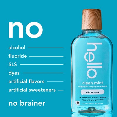 hello Alcohol Free Mouthwash with Aloe Vera - Flouride Free Mouthwash - Clean Mint - 17.6 floz