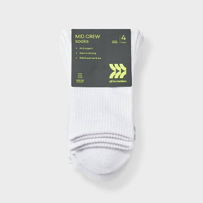 Women's Cushioned Active 4pk Crew Socks - All In Motion White 4-10: Recycled Polyester, Knit Construction