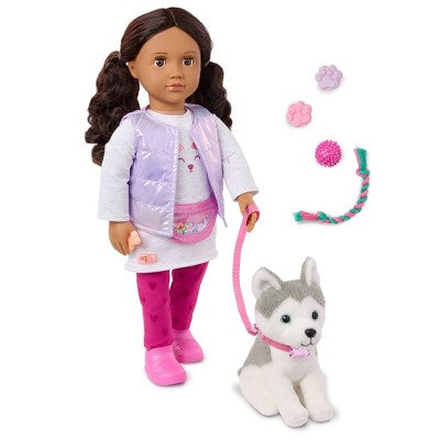 Our Generation Estella and Evi 18" Doll and Pet Puppy Set: Brown Eyes, Wavy Hair, Plastic & Polyester Materials