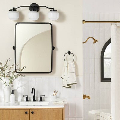 Milk Glass 3-Bulb Vanity Wall Sconce Black Finish - Hearth & Hand with Magnolia: Matte Iron Fixture, UL Listed, E26 (LOCAL PICKUP ONLY)